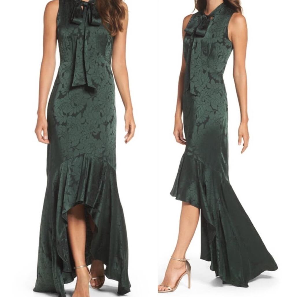 Shoshanna Mayburn Tie Neck Floral Satin Green Jacquard High Low Gown Dress 0 XS